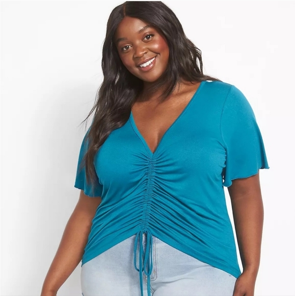 🔹Lane Bryant Fitted Short Flutter Sleeve V-Neck Drawcord-Front - Picture 1 of 8
